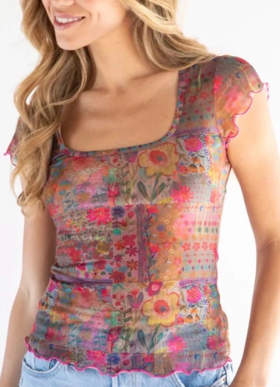 Natural Life Colorful Floral Patchwork Sheer Mesh Top sz M